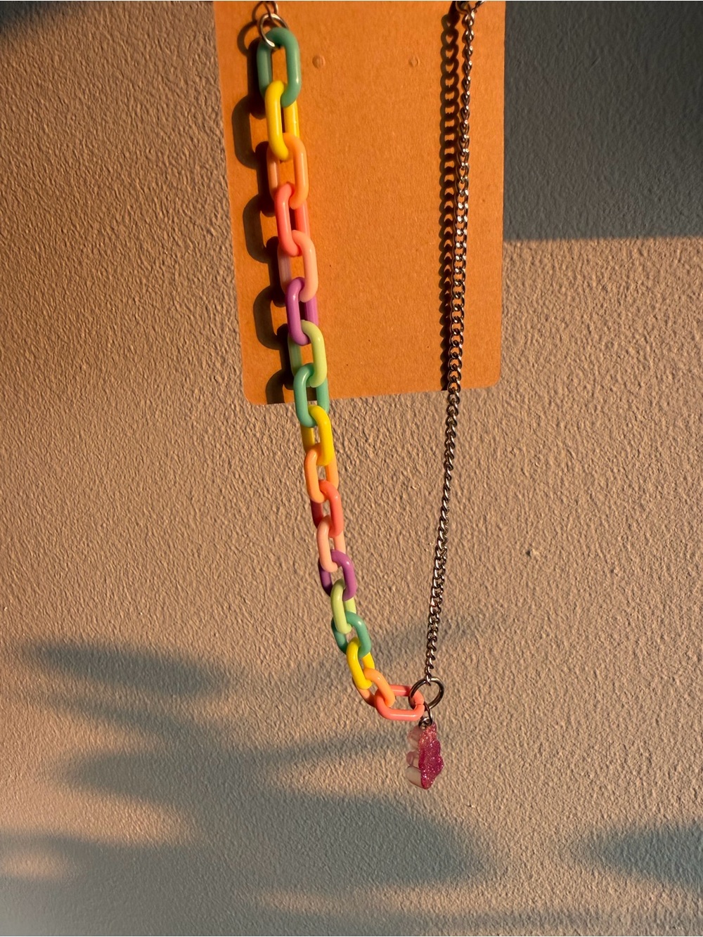 Colorful Rainbow Link Chain Necklace with Pink Bear Charm